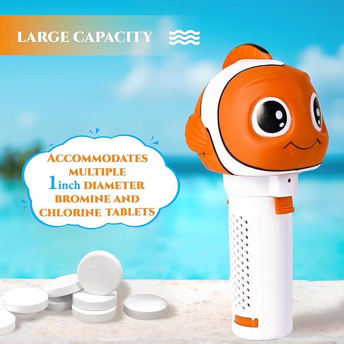 Chlorine Floater, Small Floating Pool Chlorine Dispenser for 1 Inch Tablets, Mini Clown Fish Bromine Holder for Hot Tub, Spa, Swimming Pools