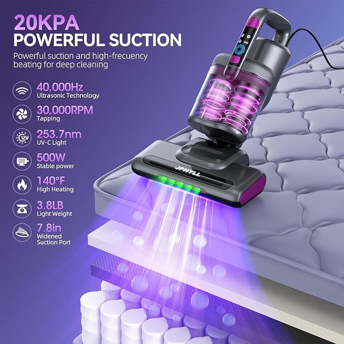 Mattress Vacuum Cleaner, 20Kpa Suction Bed Vacuum Cleaner with 253.7nm UV-C Light, 140°F Heated Air, 30000 RPM Brushroll, 40,000Hz Ultrasonic, HEPA Filter, for Bed, Sofa, 500W Corded(Dark Gray)