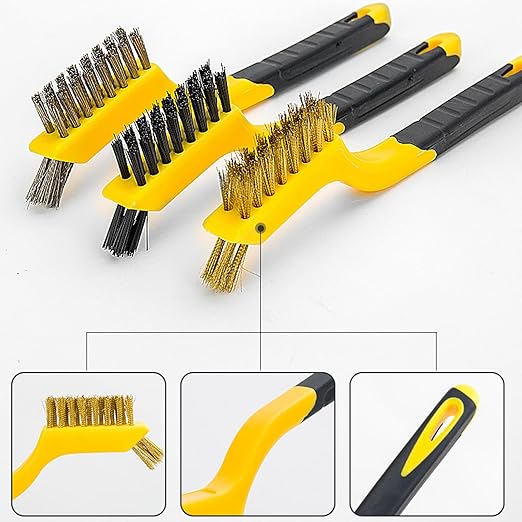 Wire Brush Set for Rust, Paint & Detail Cleaning – 6-Piece Brass, Stainless Steel & Nylon Brushes with Curved Handle for Tight Spaces, Metal, Tile & Household Use