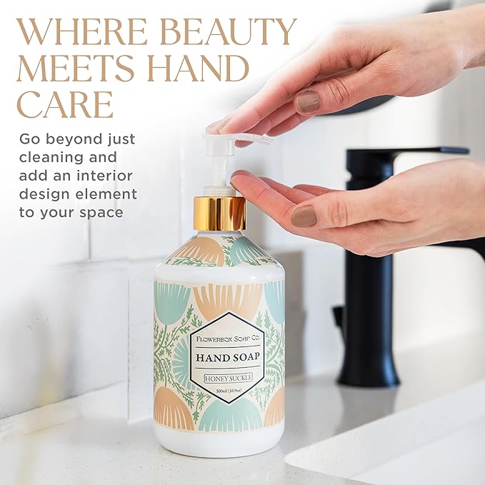 FlowerBox Liquid Hand Soap with Pump – Set of 4 Scented, Decorative Hand Soap Dispensers for Bathroom and Kitchen – 500 mL Luxury Floral Mosaic Bottles, Gift Pack