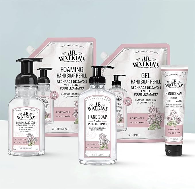 J.R. Watkins Foaming Hand Soap with Pump Dispenser, Moisturizing Foam Hand Wash, Alcohol-Free, Cruelty-Free, eau de rose, 9 fl oz, 3 Pack