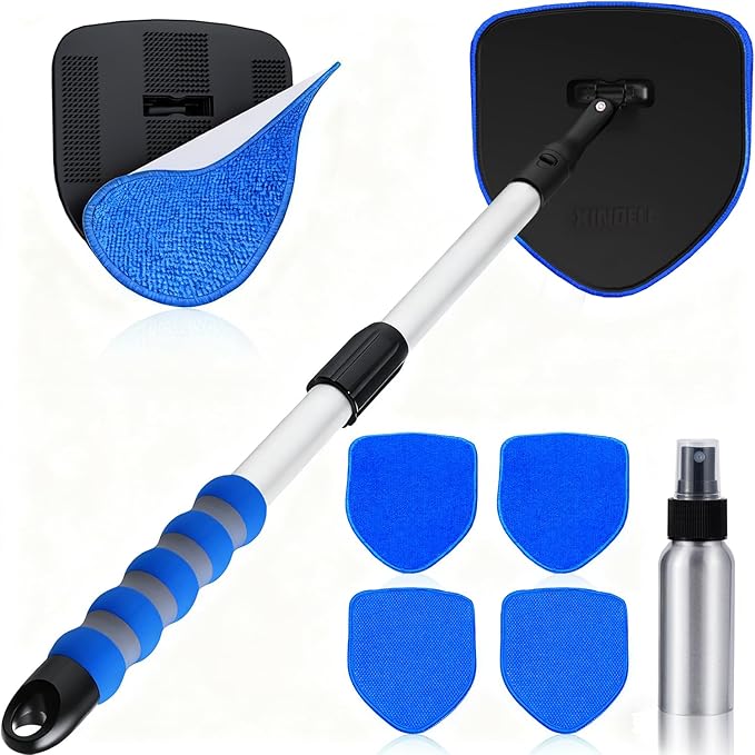XINDELL Windshield Cleaning Tool, Interior & Inside Car Windshield Cleaner with Microfiber Pads, Extendable Handle & 360° Head, Streak-Free Glass Cleaning Kit for Cars Trucks