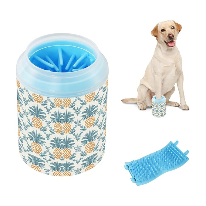 Dog Paw Cleaner Cups for Dogs Pets Foot Washer Paw Scrubber for Medium Small Cats Dogs Cleaning Cup Seamless Pineapples Blue Leaves