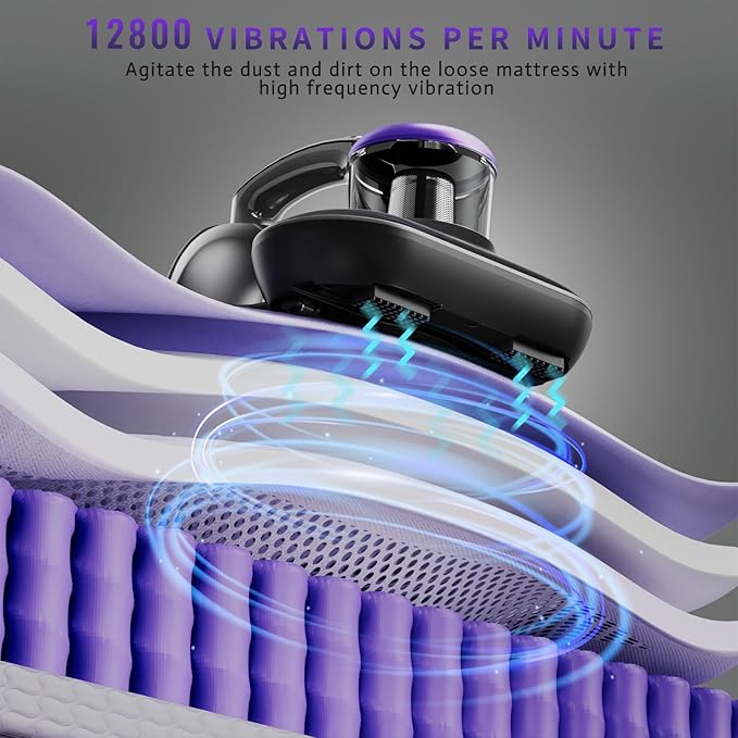 Mattress Vacuum Cleaner, Handheld UV Bed Vacuum Cleaner 16KPa & 12800 Vibrations Per/Min Upgraded Effectively Clean Up Bed, Pillows, Cloth Sofas, Carpets and Ther Fabric Surfaces