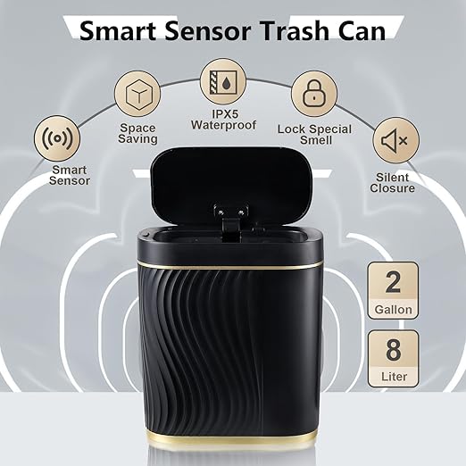 Bathroom Small Trash Can 2 Gallon Black Sensor Garbage Can with Lid, Plastic Automatic Trash Bin, Slim Motion Sensor Trash Can, Waterproof Smart Waste Bin for Living Room, Office, Bedroom