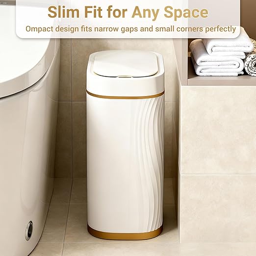 FreSup Automatic Motion Sensor Bathroom Trash Can with Lid - 2 Gallon Slim Touchless Automatic Garbage Can for Bedroom, Restroom, Office - White and Gold Aesthetic, Whisper Quiet, 11.6" Tall