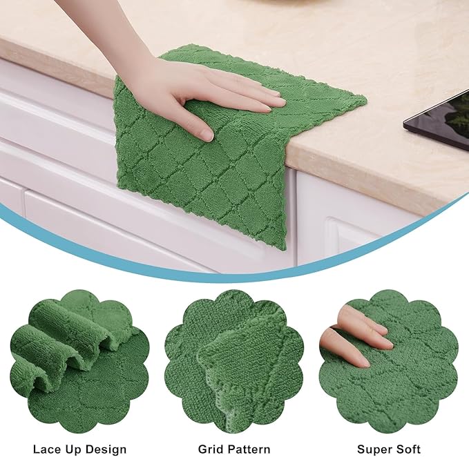 Homaxy 18 Pack Kitchen Dish Cloths (10 x 10 Inches, Grass Green), Super Soft and Absorbent Coral Velvet Dish Towels, Nonstick Oil Fast Drying Microfiber Cleaning Cloth, No Lint Household Dishcloths