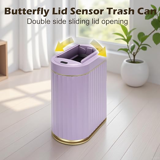 Bathroom Trash Can with Butterfly Lid 2 Gallon Sensor Trash can, IPX5 Waterproof Garbage Can Bathroom Decor, Automatic Trash Bin, Under-Counter Wastebasket for Bedroom, Living Room, Purple