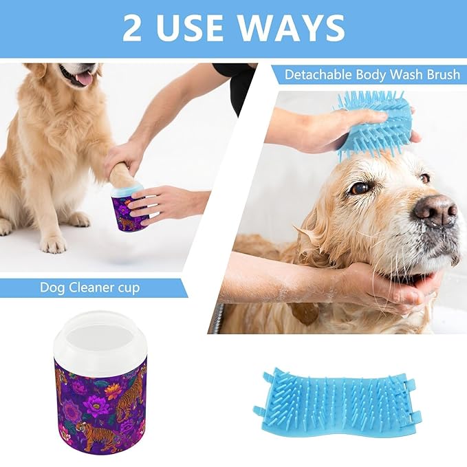 Dog Paw Cleaner Cups for Dogs Pet Foot Washer Paw Scrubber for Small Medium Large Dogs Cats Cleaning Cup Purple Tigers Colorful Flowers