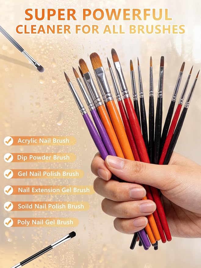 EBANKU Orange Scent 120ml Acrylic Nail Brush Cleaner, 3 in 1 Nail Art Brushes Conditioner Nail Brush Clean Solution Quickly Clean With Glass Cup and Scrub Brush for Solid Gel Polish