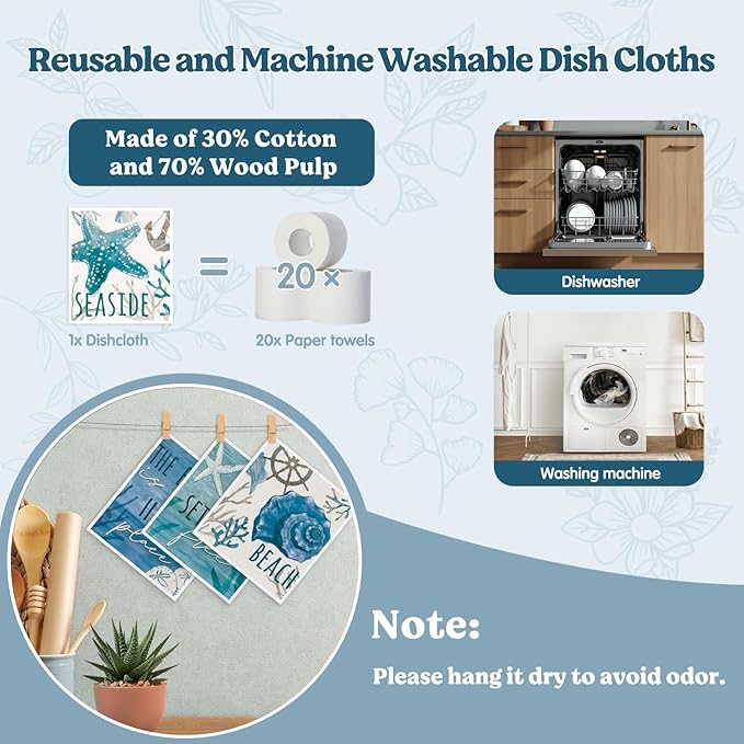 Swedish Dishcloths for Kitchen, Summer Coastal Ocean Beach Decor Kitchen Dish Towels for Washing Dishes, 4 Pack Reusable Paper Towels Washable, Sponge Cloths for Cleaning Home Kitchen Decor