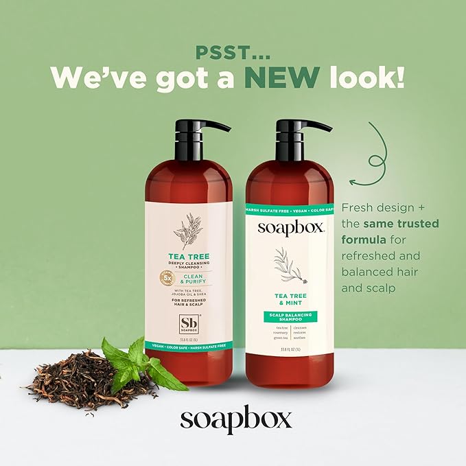 Soapbox Tea Tree Shampoo and Conditioner Set, Scalp Balancing with Tea Tree Oil, Jojoba Oil, Aloe and Shea Butter to Clean and Purify for All Hair Types, 1 Liter Each (Pack of 2)