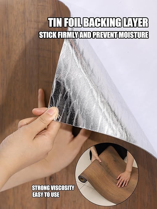 Luxury Thicken Wood Grain Peel and Stick Floor Tiles Self-Adhesive Vinyl Flooring Roll-DIY Easy for Wall and Floor,Hard Surface/Waterproof/Anti Slip (Brown Vinyl Flooring, 17.72 "W x 118" L)