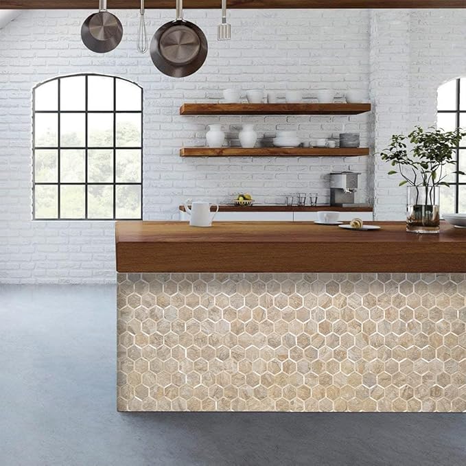 DICOFUN Hexagon Peel and Stick Backsplash Tile, Sandstone Look with Light Gold Kitchen Backsplash Peel and Stick Wall Tiles, 10