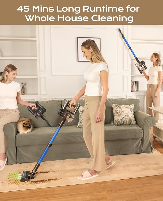 Cordless Vacuum Cleaner, 450W 40KPA Vacuum Cleaners for Home, 45Mins Lightweight Stick Vacuum with Advanced Green Light Tech, Rechargeable Battery Vacuum for Carpet,Pet Hair,Hardwood Floor