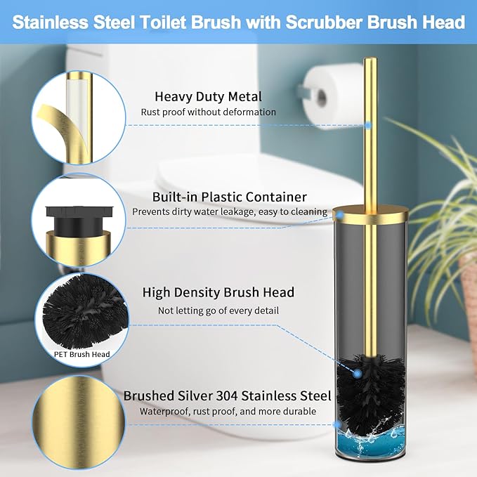 Stainless Steel Toilet Brush and Holder Set Brushed Gold Heavy Duty Toilet Bowl Brush with Long Handle for Bathroom and Farmhouse