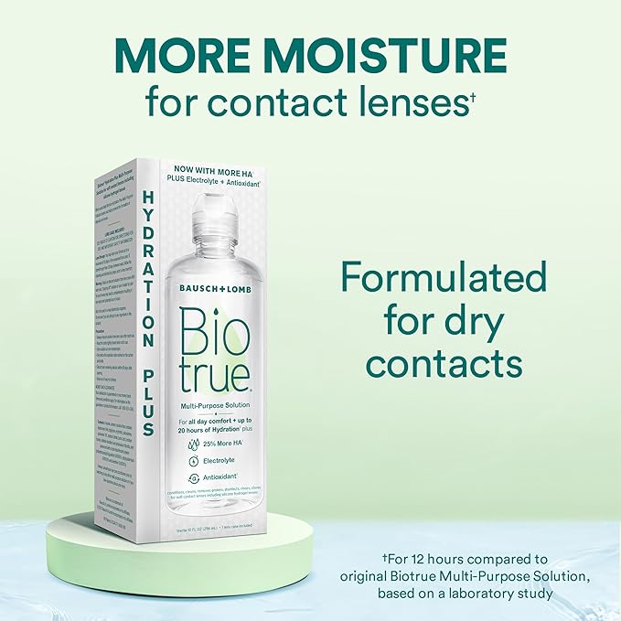 Biotrue Hydration Plus Contact Lens Solution, Multi-Purpose for Soft Lenses, Hydrates with Hyaluronan, Cleans, Clears, and Disinfects for All-Day Comfort, 4 Fl Oz (Pack of 1)