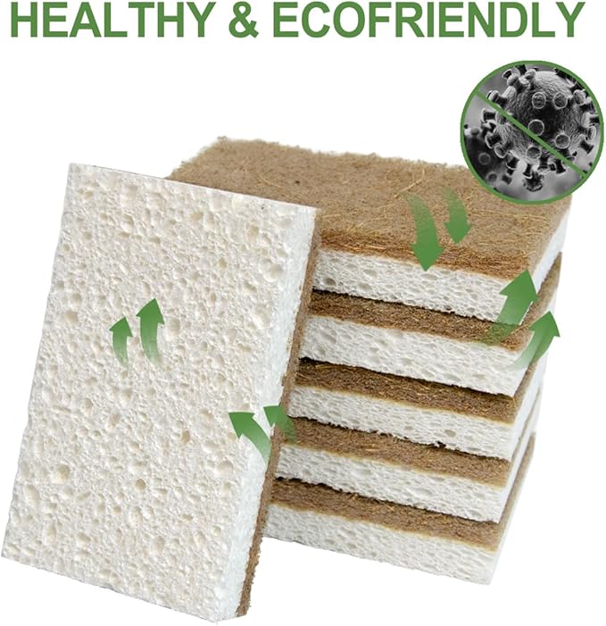 CELOX 12 Pack Coconut Fiber Biodegradable Sponges, Non Scratch Kitchen Cleaning Sponge, Eco-Friendly Dual-Sided Sponge for Dishwashing