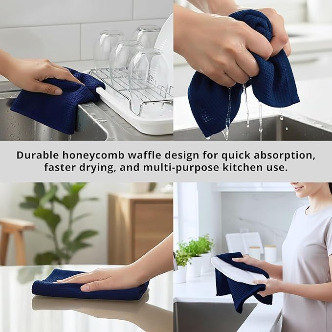 PurpleEssences Waffle Weave Kitchen Towel, 100% Cotton, 15x25 Inches, with Hanging Loop Ultra Soft Absorbent Quick Drying Dish Cloth, Tea and Hand Towels, 4 Pack - Christmas Holiday Winter - Navy Blue
