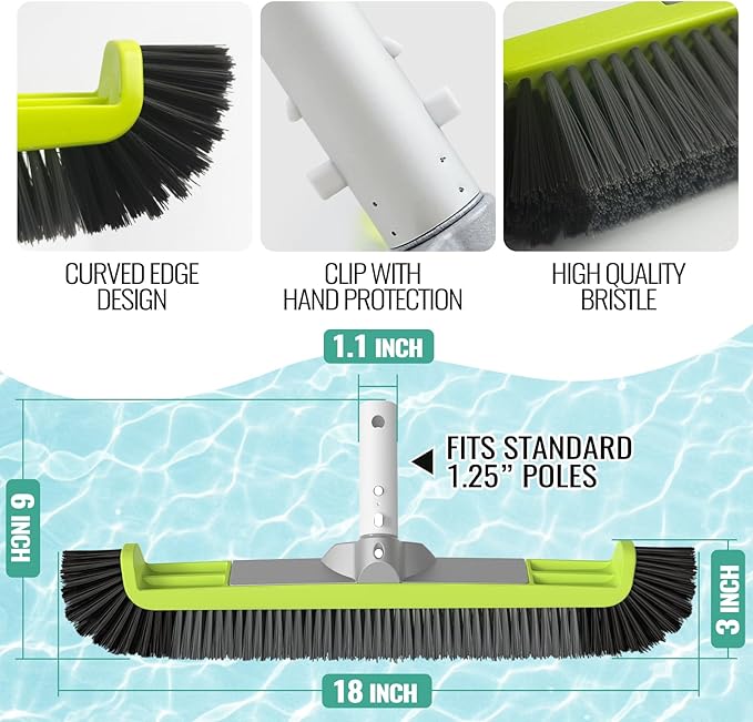 18" Pool Brush Head for Cleaning Swimming Pool Walls, Curved Ends High-Efficiency Scrub Brush for Tile, Flooring and Vinyl Pools, Fiberglass, Fits Φ1.25” Poles (Green & Black & Dark Gray)