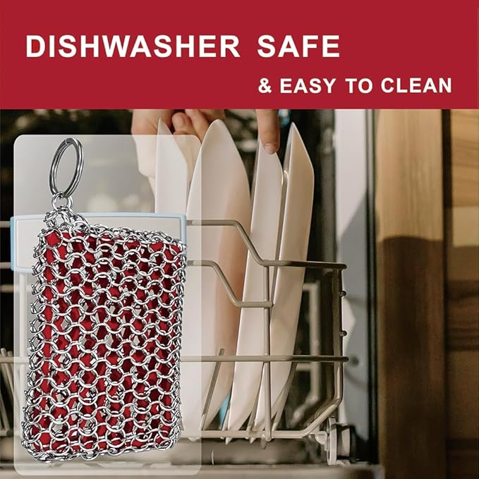Cast Iron Chainmail Scrubber with Red Silicone Insert Chainmail Scrub Easy to Grip,Cast Iron Pan Cleaner -316 Chain Metal Sponge for Cast Pan Skillet Scrubber