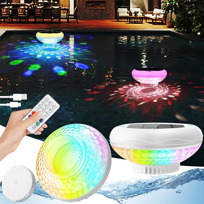 Floating Pool Lights, Solar Pool Chlorine Floater with USB Charging, 6.69 Inch IP68 Waterproof 2600mAh 13 Color Modes Adjustable Pool Chlorine Dispenser Upper and Lower Glow Pool Lights 2 PACK