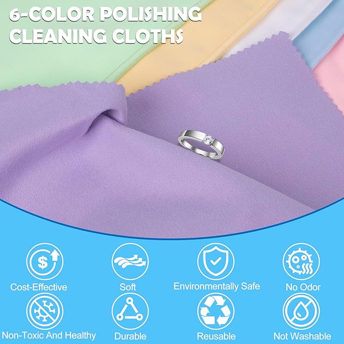 6 PCS Jewelry Polishing Cloths, 10x12 Inch Soft Pure Cotton Polishing Cloths for Cleaning Gold, Silver, Platinum, Diamond, Stainless Steel, Keeps Clean and Shiny (6 Light Colors)