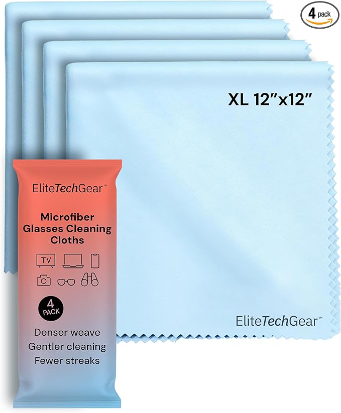 Elite Screens Microfiber Cleaning Cloth - 12" x 12", 4-Pack, Blue - Oversized Screen Cleaning Cloth - Streak-Free Glasses Wipes - Scratch-Resistant Lens Wipes for Eyeglasses