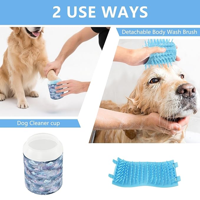Dog Paw Cleaner Cups for Dogs Pets Foot Washer Paw Scrubber for Medium Small Cats Dogs Cute Cleaning Cup Darkblue Fish Coral Seaweed