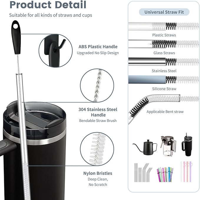 5 Pack Straw Cleaning Brush Set, 15" Extra Long Straw Cleaner Brush, 4 Sizes Reusable Straw Cleaner Brush, 3-In-1 Cup Lid Cleaning Brush for Stanley/Owala/Yeti/Hydro, Sturdy Brush Bristles(Black)