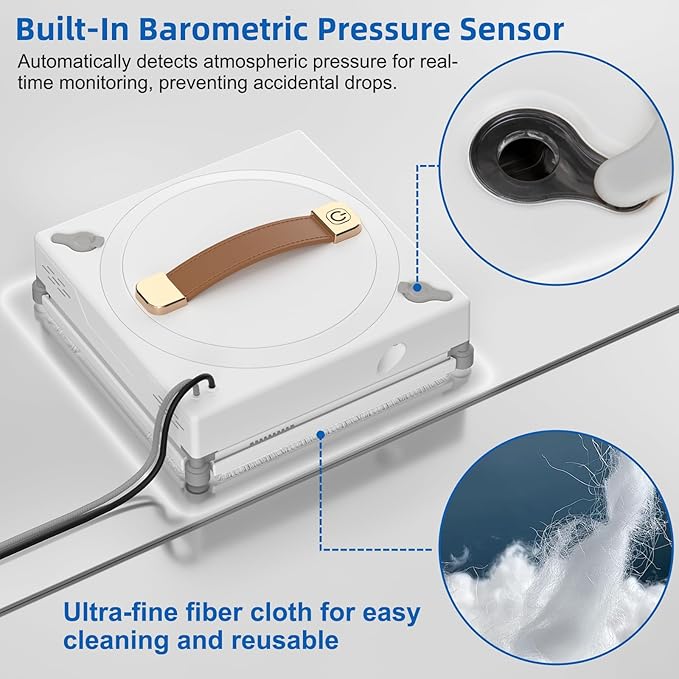 Window Cleaning Robot, 3000Pa Auto Automatic anti-slip system, Three intelligent cleaning path modes Ultrasonic automatic dual-direction water spray system Cleans glass, tiles, marble, and wood panels