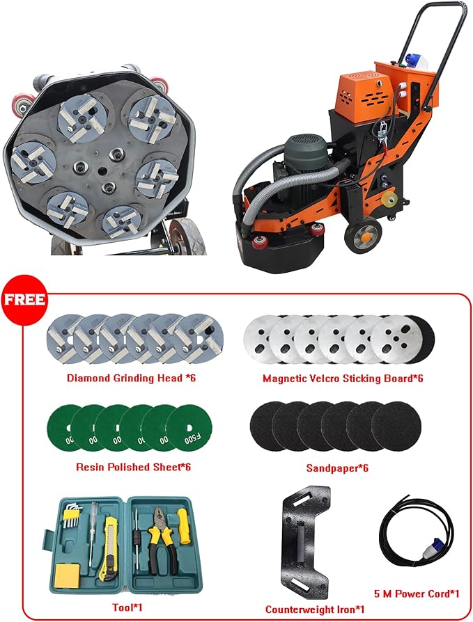 INTSUPERMAI Concrete Floor Polisher Hand-push Concrete Grinding Machine Cement Ground Grinder Floor Grinder Electric Concrete Floor Grinder Polishing Machine for Restore New and Old Ground 220V