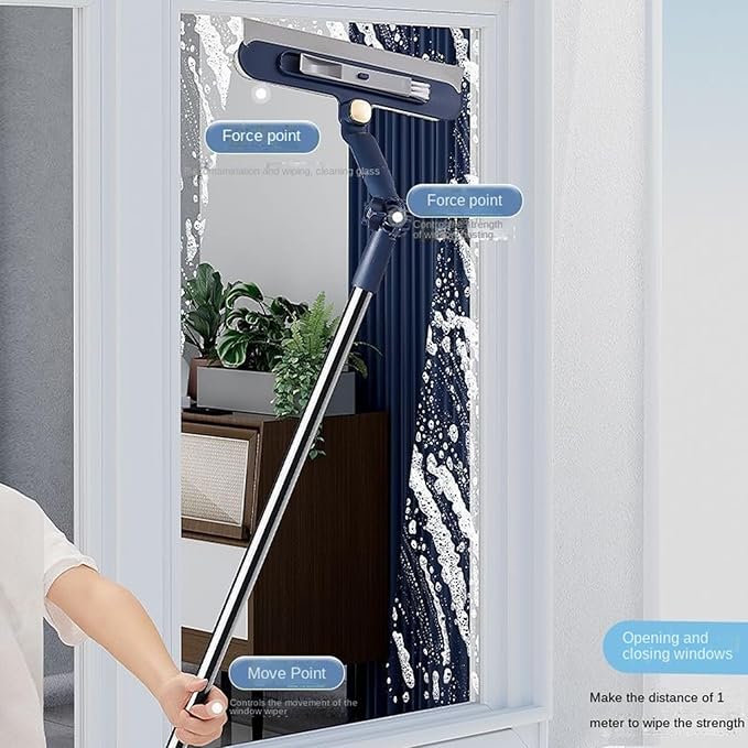 Window Cleaning Tool, Extendable Glass Wiper, Adjustable Length, 2 in 1 Brush for Streak Free Clean, High Reach Scrubber Squeegee, Household Cleaning Needs, Tile Care for Home