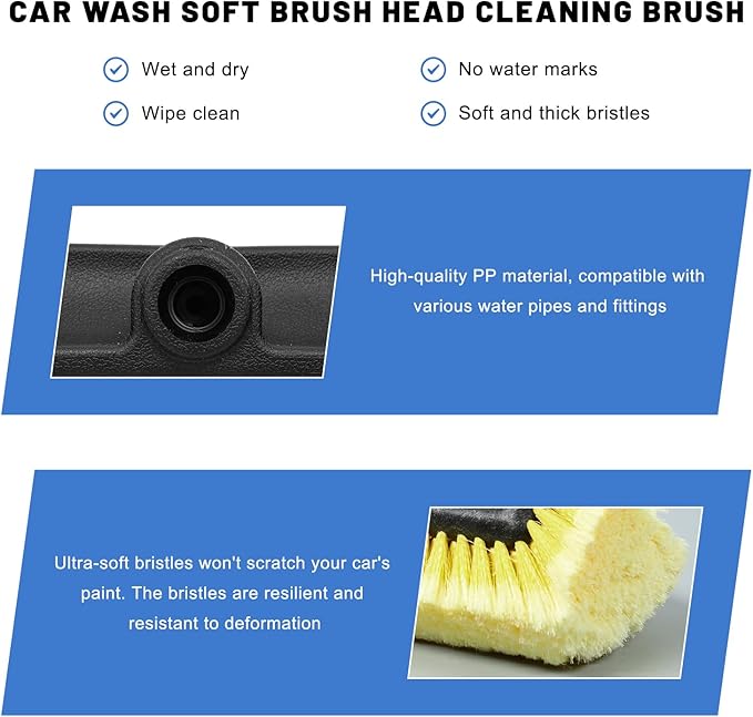 10" Car Wash Brush Head, Flow-Thru Cleaning Brush Head with Soft Detailing Bristles, Scratch Free Washing Scrub Brushes Replacement for 3/4-Inch Threaded Poles, Car Accessories (Yellow)
