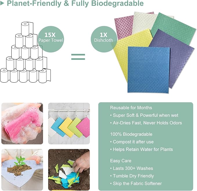 Swedish Dishcloths 6-Pack, Super Absorbent & Quick-Dry Reusable Dish Towels, Biodegradable Kitchen Sponge Cloths for Dishes, Countertops, Glass & Car