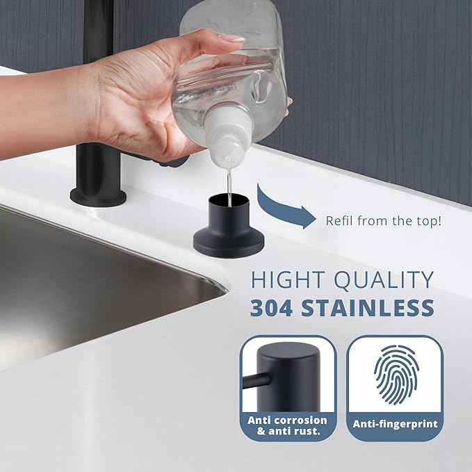SBEN Built-in Kitchen Sink Soap or Lotion Dispenser Set, Stainless Steel, Matte Black Pump, 17 oz PET Bottle, Durable ABS Head, 360° Rotation (Matte Black)