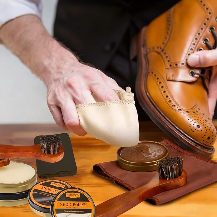 9 Pcs Shoe Polish Kit for Men & Women, 3 Pcs Horsehair Shoe Brushes, Brown Neutral Black Shoe Polish