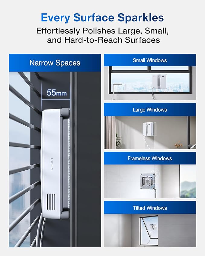 ECOVACS WINBOT Mini Window Cleaning Robot - Compact Design, Dual Nozzles with Ultrasonic Spray, 9-Stage Protection System, Intelligent Path Planning, 3 Cleaning Modes, Anti-Slipping System