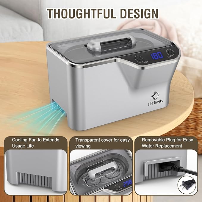 LifeBasis Ultrasonic Cleaner, Professional 45kHz Ultrasonic Jewelry Cleaner 20 Ounces (600ML) with Digital Timer, Watch Holder Ultrasonic Glasses Cleaner for Rings, Coins, Watches, Dentures, Silver