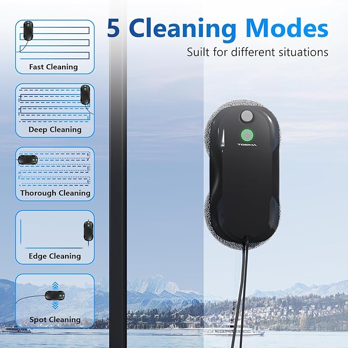 Tosima W5 Window Cleaning Robot, Dual Direction Auto-Spray Smart Window Cleaner with Triple Safety System, Smart Navigation, Remote Control, for All Smooth Surfaces, with 8 Rags, Black