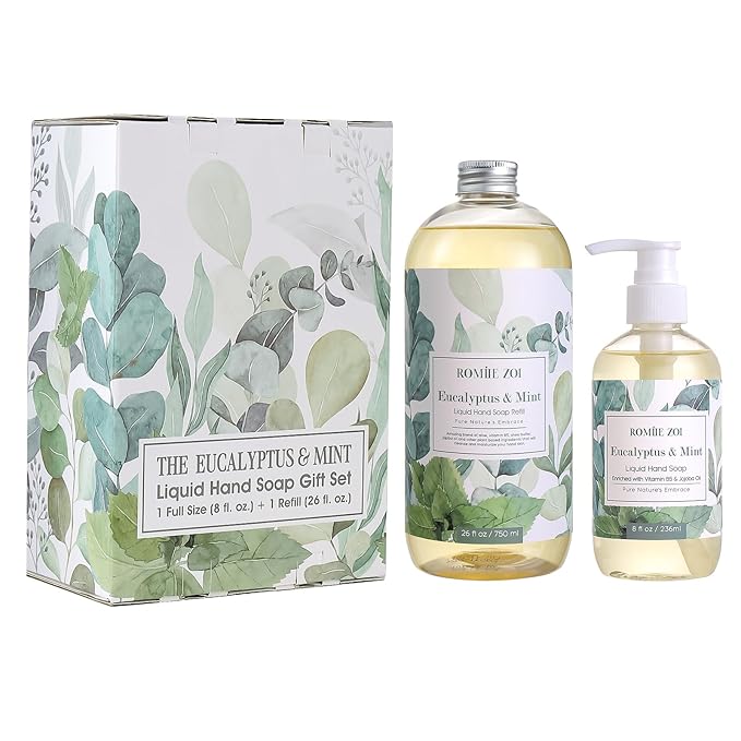 ROMIIE ZOI Liquid Hand Soap Gift Set, 750ml Refill + 236ml Liquid Soap, Cruelty-Free, Moisturizing Formula with Essential Oils, For Sensitive Skin, Eucalyptus Mint Scent, For Kitchen & Bathroom