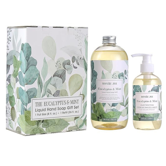 ROMIIE ZOI Liquid Hand Soap Gift Set, 750ml Refill + 236ml Liquid Soap, Cruelty-Free, Moisturizing Formula with Essential Oils, For Sensitive Skin, Eucalyptus Mint Scent, For Kitchen & Bathroom