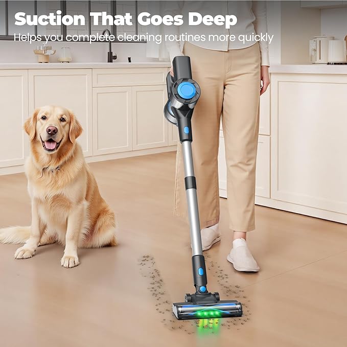Cordless Vacuum Cleaner, Powerful Lightweight Stick Vacuum with Self-Standing, Anti-Tangle, 8-in-1 Rechargeable Vacuum Cleaners for Home, Hardwood Floors, Carpet, Pet Hair (Blue)