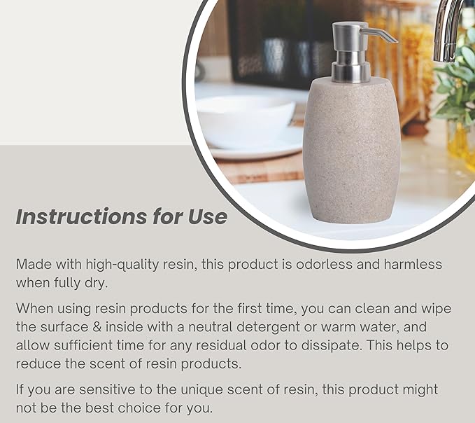 Sandstone Textured Resin Soap Dispenser with Metallic Pump and Waterproof Bottle Labels for Bathroom Kitchen Dish Hand Wash Shower Lotion Shampoo, 12 Oz, Beige