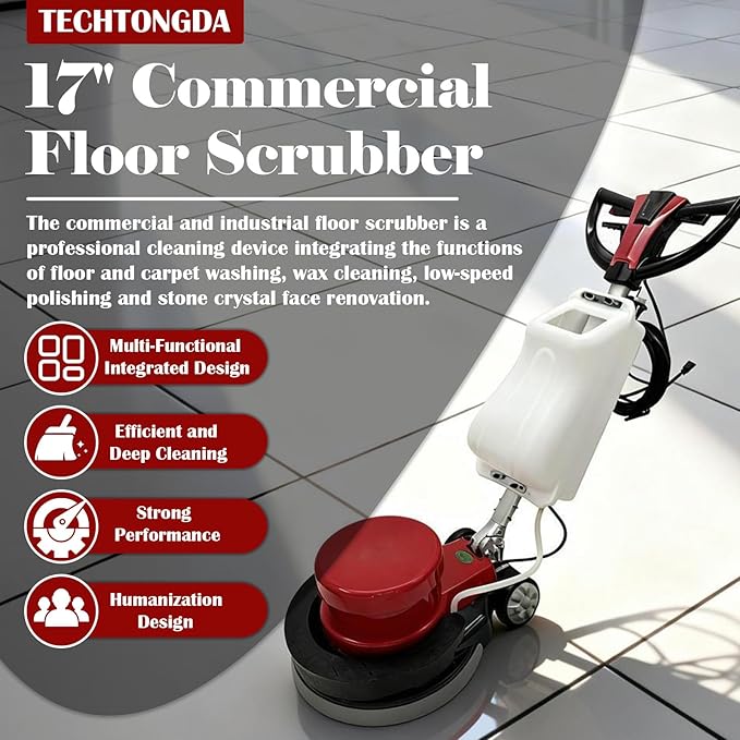 TECHTONGDA 17" Commercial Floor Scrubber Buffer Heavy Duty Floor Grinder Polisher Machine Carpet Cleaning Machine with 3.17Gal Tank & 3 Brushes, Clean/Grind/Polish/Wax 110V
