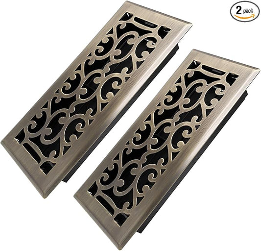4x10 Inches Heavy Duty Walkable Floor Register - Easy Adjust Air Supply Lever Decorative Floor Vent Covers - Savannah Design Vent Covers for Home - Antique Brass
