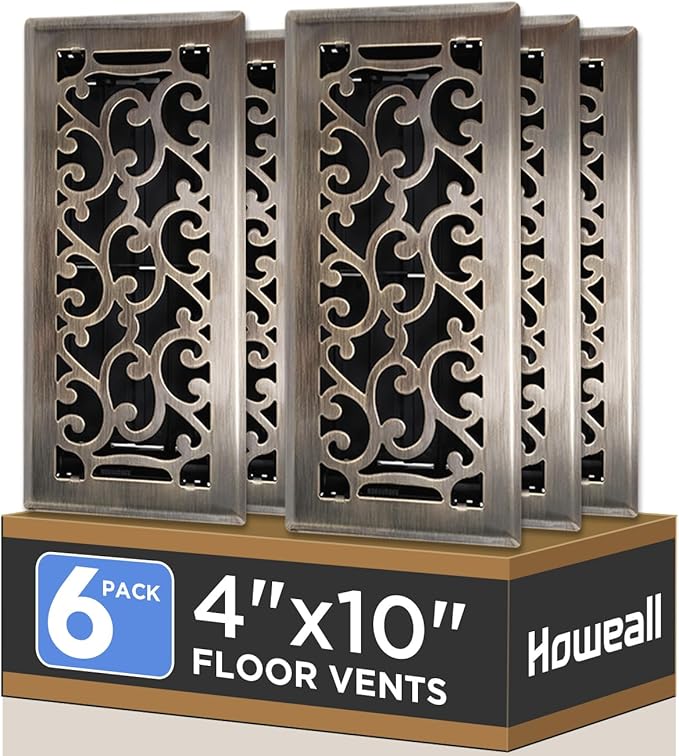 4x10 Inches 6 Pack Heavy Duty Walkable Floor Register - Easy Adjust Air Supply Lever Decorative Floor Vent Covers, Savannah Design Vent Covers for Home - Antique Brass