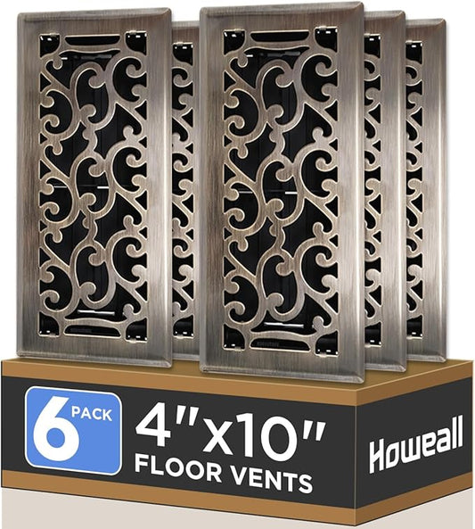 4x10 Inches 6 Pack Heavy Duty Walkable Floor Register - Easy Adjust Air Supply Lever Decorative Floor Vent Covers, Savannah Design Vent Covers for Home - Antique Brass