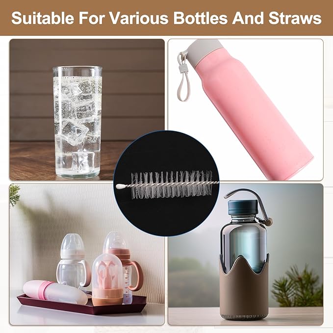 HARFINGTON Straw Cleaner Brush Set, 12 Inch Length 304 Stainless Steel and Nylon Bristles for Water Bottle Silicone Straw Sippy Cup Pipes, White (10mm OD, 10-Piece-Set)