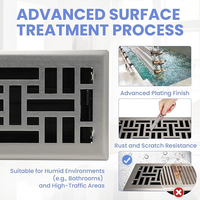4x12 Inches 4 Pack Heavy Duty Walkable Floor Register - Easy Adjust Air Supply Lever Decorative Floor Vent Covers, Seattle Design Vent Covers for Home - Satin Nickel
